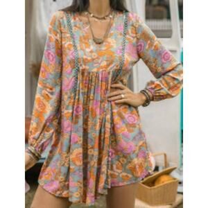 Rusttydustty Modern Bohemia Crush Floral Long Sleeve Mini Dress sz 3XL